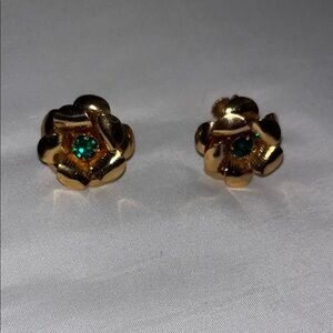 Vintage Coro Gold tone and Green Floral Earrings. Screw back
